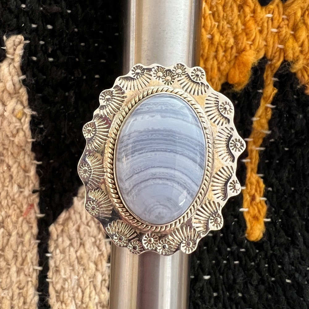 ❤️ Blue Lace Agate 925 Southwestern Navajo Statement 19.5Gm Ring Sz 10 1.52”L - Picture 7 of 14